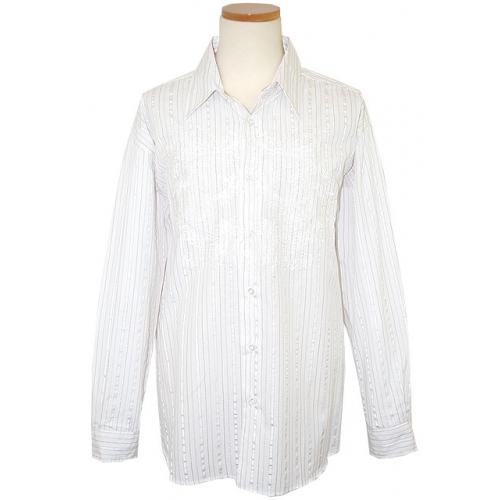 Pronti White With Taupe/Lurex Stripes & Cream Embroiderey Cotton Blend Long Sleeves Shirt S1536